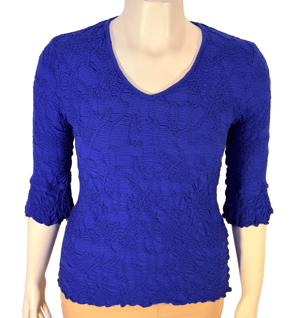 SNO SKINS Knit Top Blouse Womens S Cobalt Blue V-Neck Textured 3/4 Bell Sleeve